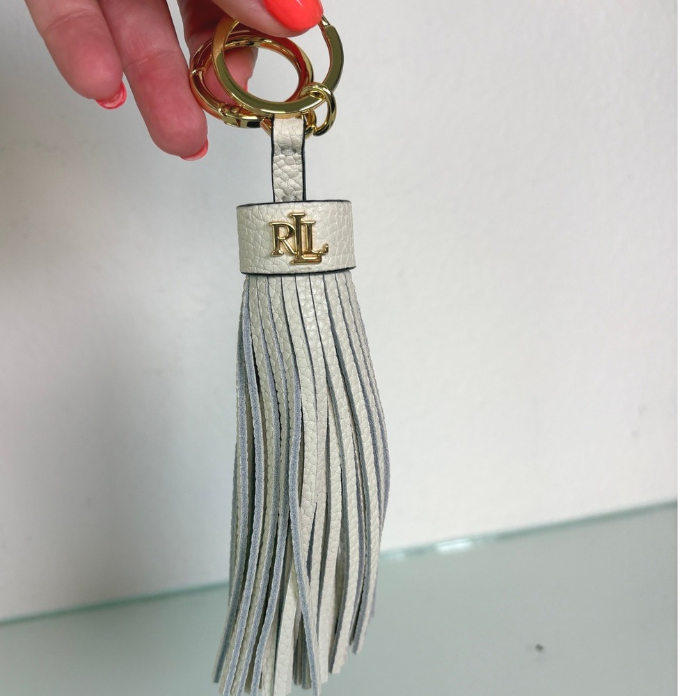 Lauren Ralph Lauren Cream Leather Tassel Keychain Gold RL Logo Bag Charm 7"